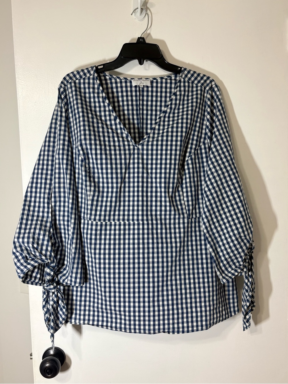 Universal Standard for J.Crew Poplin Tie-Sleeve Top Blue White Gingham Sz XL